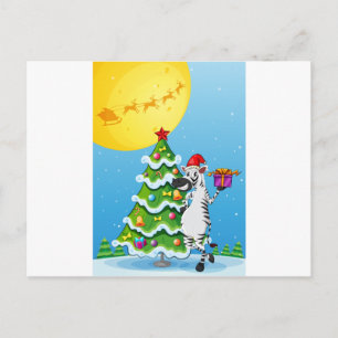 Ein Zebra neben einem großen Weihnachtsbaum Feiertagspostkarte
