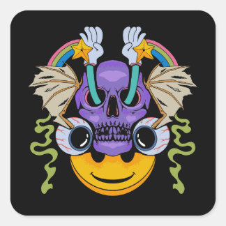 Ein zeichn eines Schädels mit bunten Gesichtern Quadratischer Aufkleber