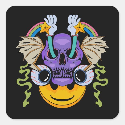 Ein zeichn eines Schädels mit bunten Gesichtern Quadratischer Aufkleber (Vorderseite)