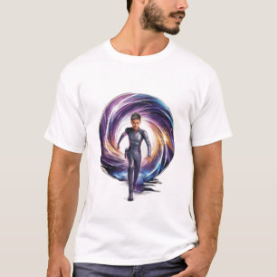 Ein Zeitreisender, der durch ein Portal geht, mit  T-Shirt
