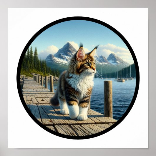 Ein zirkuläres 3D-Bild einer schönen Maine-Coon-Ka Poster (Vorne)