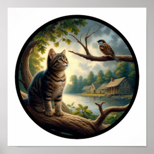 Ein zirkuläres 3D-Bild einer schönen Tabby-Katze Poster