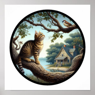 Ein zirkuläres 3D-Bild einer schönen Tabby-Katze Poster