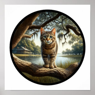 Ein zirkuläres 3D-Bild einer schönen Tabby-Katze Poster
