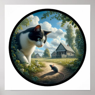 Ein zirkuläres 3D Bild einer schönen Tuxedo Katze Poster