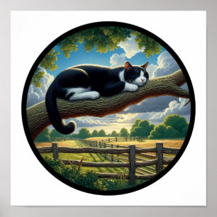 Ein zirkuläres 3D Bild einer schönen Tuxedo Katze Poster