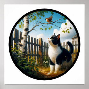 Ein zirkuläres 3D Bild einer schönen Tuxedo Katze Poster