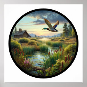 Ein zirkuläres 3D-Bild eines Mallard Duck Flying Poster