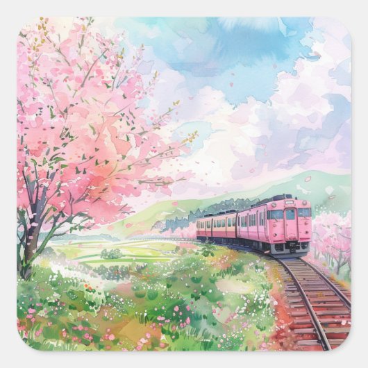 Ein Zug im Frühling Quadratischer Aufkleber (Vorderseite)
