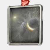 Ein Zusammenstoß massiver Objekte im Weltraum Ornament Aus Metall (Links)