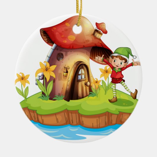 Ein Zwerg außerhalb eines Pilzhauses Keramikornament (Vorne)