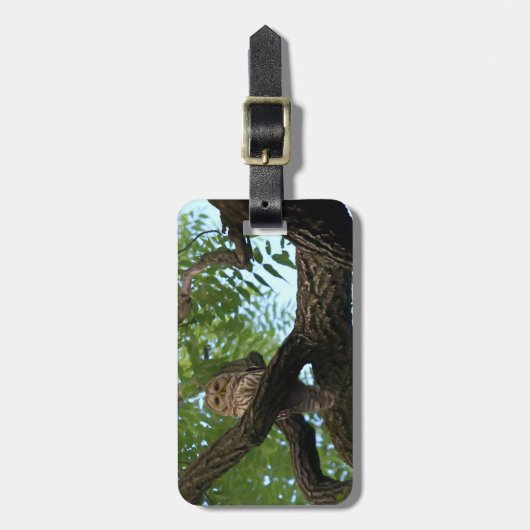 Eine abgehaltene Eule auf einer Niederlassung im Gepäckanhänger (Vorderseite vertikal)