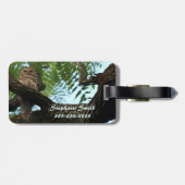 Eine abgehaltene Eule auf einer Niederlassung im Gepäckanhänger (Rückseite horizontal)