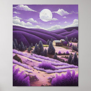 Eine abstrakte Wiese, umgeben von violetten Hügeln Poster