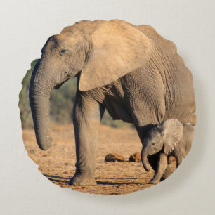 Eine afrikanische Elefantenmutter und ihr Jungtier Rundes Kissen