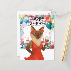 Eine ähnliche Katze trinkt Wein Happy Birthday Postkarte