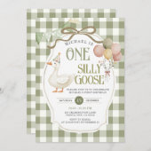 Eine Alberne Gans Birthday Sage Green Gingham Einladung (Vorne/Hinten)