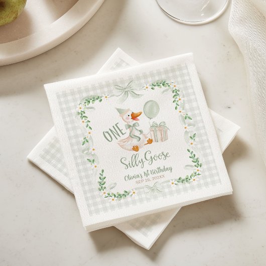 Eine alberne Gans Grüner Schleife Blumen 1. Geburt Serviette