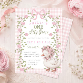 Eine alberne Gans rosa Gingham-Geburtstagsfeier Einladung