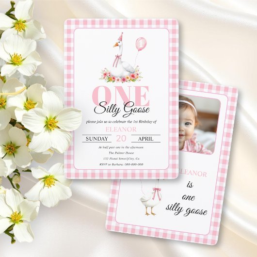 Eine alberne Gans, rosa Gingham Girl's 1. Geburtst Einladung