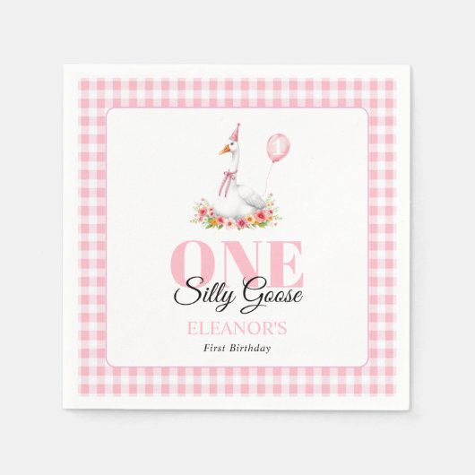 Eine alberne Gans, rosa Gingham Girl's 1. Geburtst Serviette (Vorderseite)