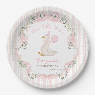 Eine alberne Gans rosa Schleife floral 1. Geburtst Pappteller