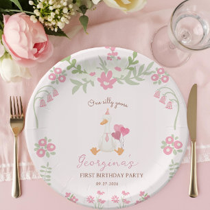 Eine alberne Gans Vintage Rosa Ente 1. Geburtstag Pappteller