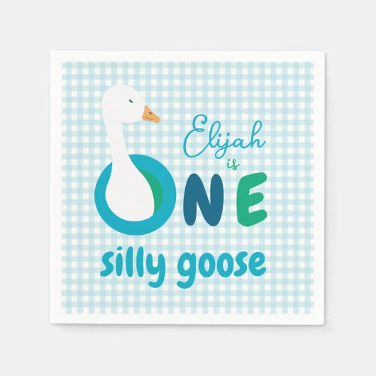 Eine Alberne Goose Blue Gingham First Birthday Par Serviette (Vorderseite)