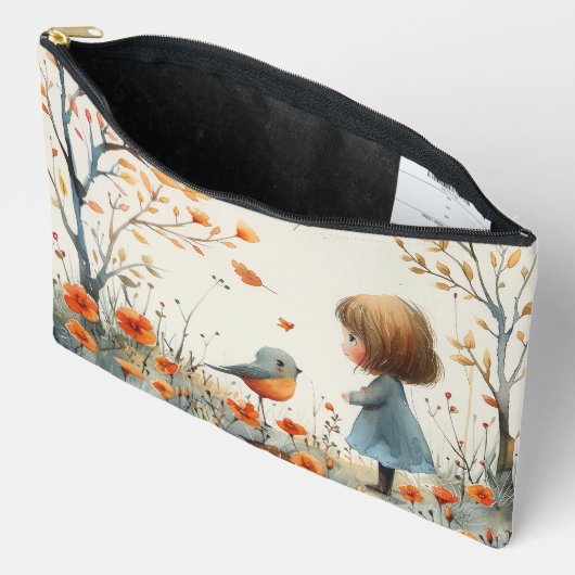 Eine Aquarellmalerei mit kleinen Mädchen und Vögel Zubehörtasche (Offen)