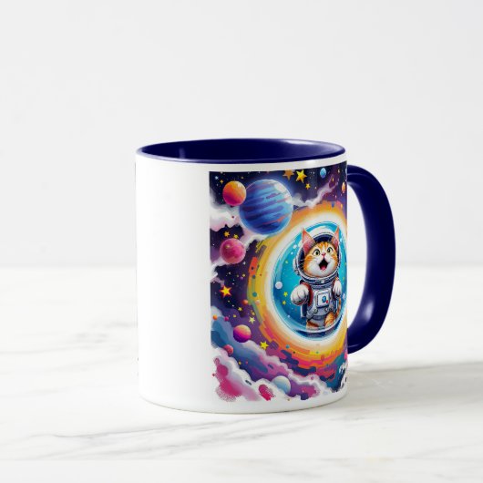 Eine Astronautenkatze, die im All schwimmt. Tasse (VorderseiteRechts)