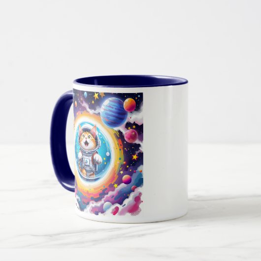 Eine Astronautenkatze, die im All schwimmt. Tasse (Vorderseite Links)