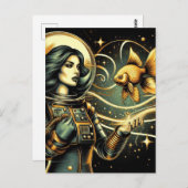 Eine Astronautin und ein Goldfisch Scifi Postkarte (Vorne/Hinten)