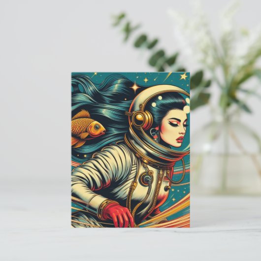 Eine Astronautin und ein Goldfisch Scifi Retro Postkarte (Stehend Vorderseite)