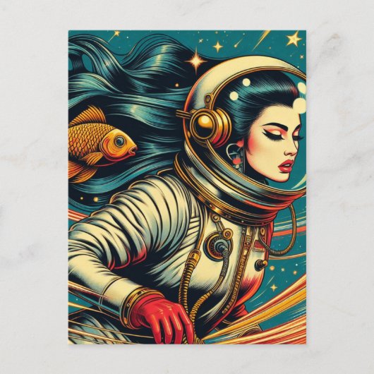 Eine Astronautin und ein Goldfisch Scifi Retro Postkarte (Vorderseite)