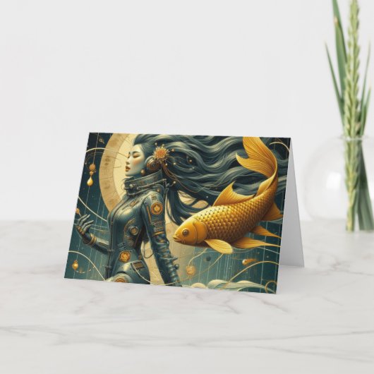 Eine Astronautin und Fische Retro-Jeden Anlaß Karte (Vorderseite)