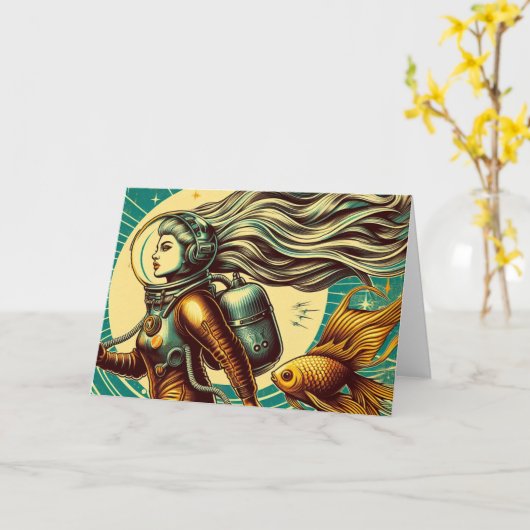 Eine Astronautin und Goldfisch Retro-Jeden Anlaß Karte (Gelbe Blume)