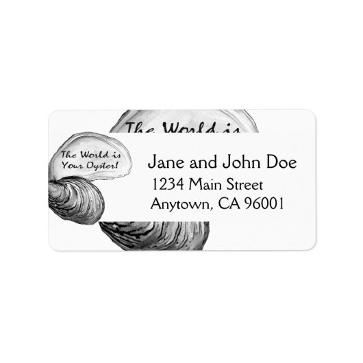 Eine Auster-Muschel mit dem Sprichwort "Die Welt i Adressaufkleber (Vorne)