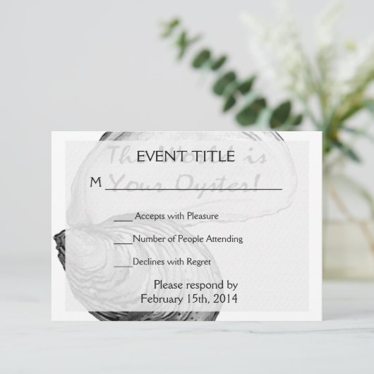 Eine Auster-Muschel mit dem Sprichwort "Die Welt i RSVP Karte (Stehend Vorderseite)