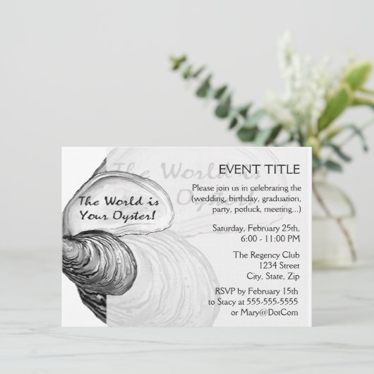 Eine austere Muschel mit dem Sprichwort "Die Welt Einladung (Stehend Vorderseite)