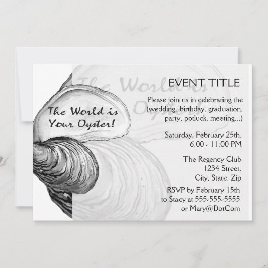 Eine austere Muschel mit dem Sprichwort "Die Welt  Einladung (Vorderseite)