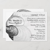 Eine austere Muschel mit dem Sprichwort "Die Welt  Einladung (Vorne/Hinten)