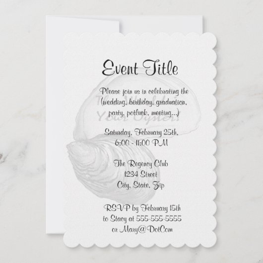 Eine austere Muschel mit dem Sprichwort "Die Welt  Einladung (Vorderseite)