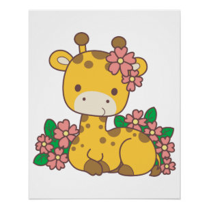 Eine Babygiraffe inmitten eines Blumengartens. Poster