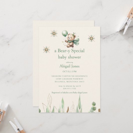 Eine Bärenspezial-Creme-Neutral-Babydusche Einladung (Vorderseite/Rückseite Beispiel)