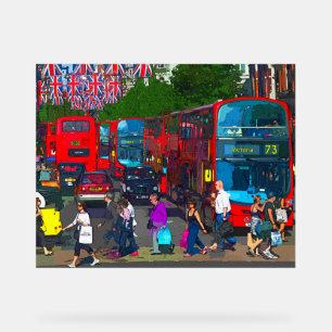 Eine belebte Oxford Street mit Einkaufenden und ro Acrylschild