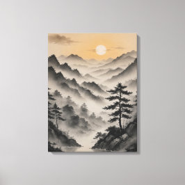 eine Berglandschaft mit Bäumen und Nebel Leinwanddruck