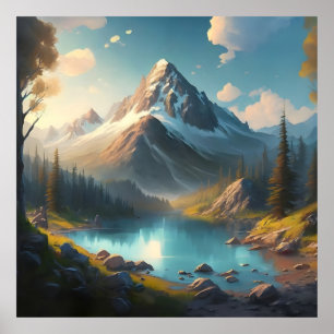 Eine Bergwelt mit See und Berg Poster