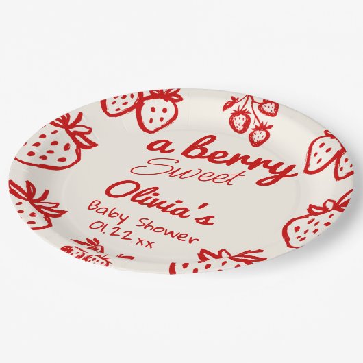 Eine Berry Sweet Hand Drawn Strawberries Baby Dusc Pappteller (Schrägansicht)