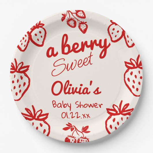 Eine Berry Sweet Hand Drawn Strawberries Baby Dusc Pappteller (Vorderseite)