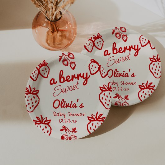 Eine Berry Sweet Hand Drawn Strawberries Baby Dusc Pappteller